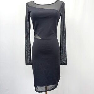 GUESS Black Mesh Panel Long Sleeve Bodycon Mini Dress W3FK65K0MF0 Small